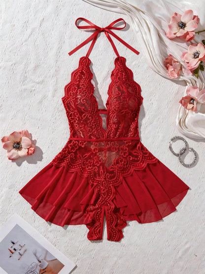 Women's 2-Piece Lace Halter Bodysuit Set- Deep V Neck Sheer Mesh Babydoll With Adjustable Tie Straps & Flared Hem Sexy Open Crotch Lingerie Set
