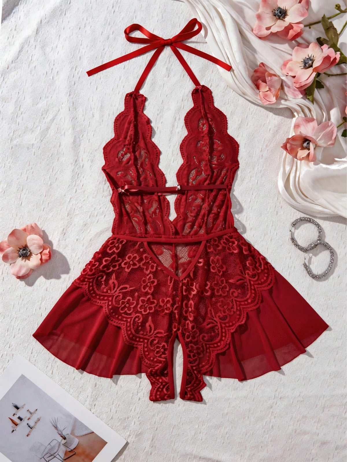 Women's 2-Piece Lace Halter Bodysuit Set- Deep V Neck Sheer Mesh Babydoll With Adjustable Tie Straps & Flared Hem Sexy Open Crotch Lingerie Set