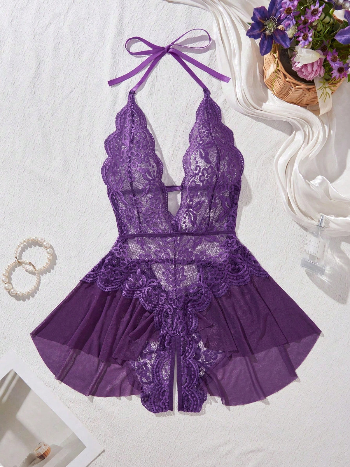 Women's 2-Piece Lace Halter Bodysuit Set- Deep V Neck Sheer Mesh Babydoll With Adjustable Tie Straps & Flared Hem Sexy Open Crotch Lingerie Set