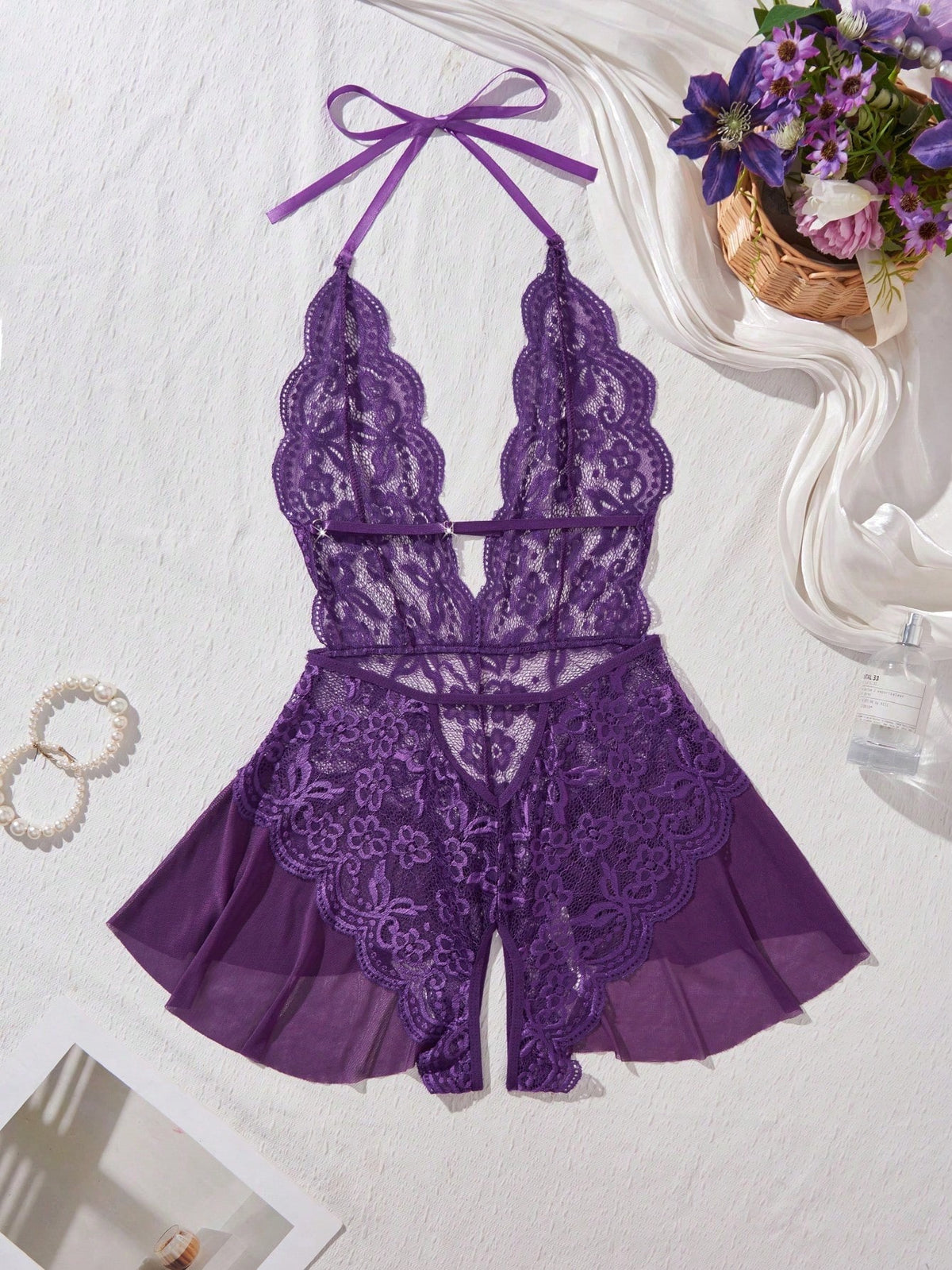 Women's 2-Piece Lace Halter Bodysuit Set- Deep V Neck Sheer Mesh Babydoll With Adjustable Tie Straps & Flared Hem Sexy Open Crotch Lingerie Set