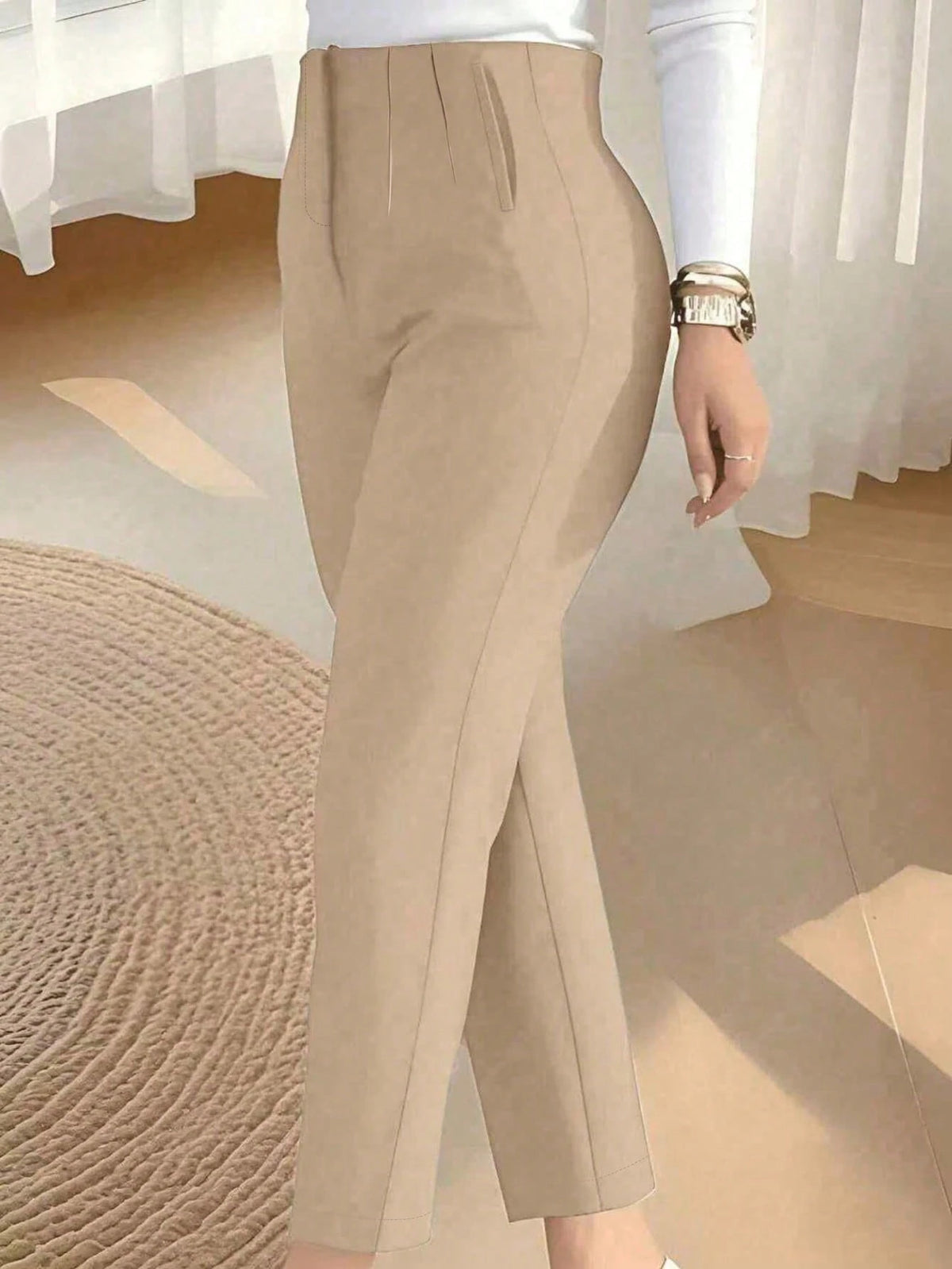Women's Autumn Waist-Cinching Slim Fit Cropped Commuter Pants, Knitted Fabric, Slim Fit, With Zipper And Pockets, Medium Stretch, Perfect For Autumn/Winter Wear, Apricot Color, Back To School College