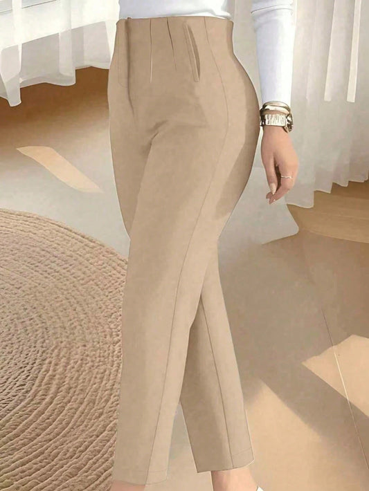 Women's Autumn Waist-Cinching Slim Fit Cropped Commuter Pants, Knitted Fabric, Slim Fit, With Zipper And Pockets, Medium Stretch, Perfect For Autumn/Winter Wear, Apricot Color, Back To School College