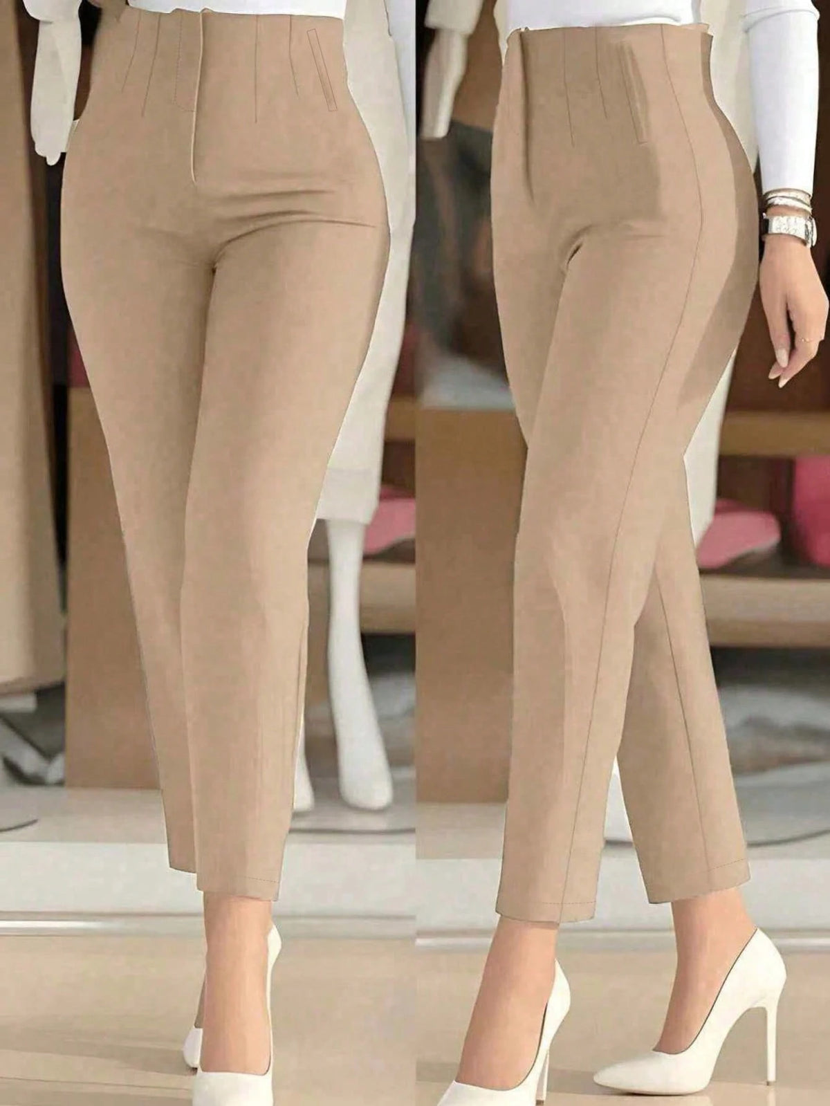 Women's Autumn Waist-Cinching Slim Fit Cropped Commuter Pants, Knitted Fabric, Slim Fit, With Zipper And Pockets, Medium Stretch, Perfect For Autumn/Winter Wear, Apricot Color, Back To School College