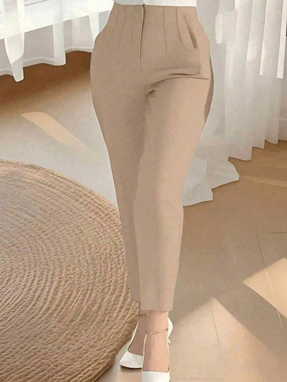 Women's Autumn Waist-Cinching Slim Fit Cropped Commuter Pants, Knitted Fabric, Slim Fit, With Zipper And Pockets, Medium Stretch, Perfect For Autumn/Winter Wear, Apricot Color, Back To School College