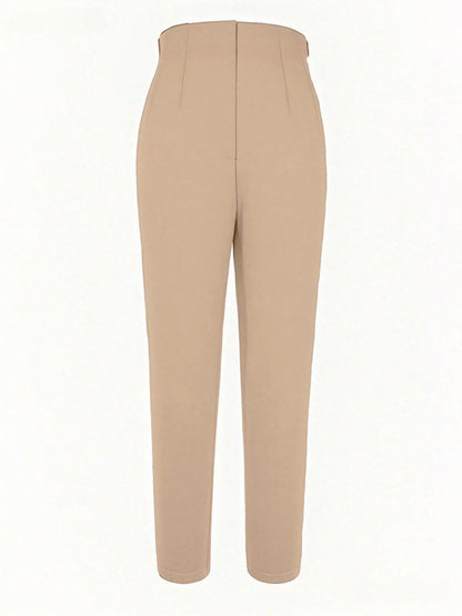 Women's Autumn Waist-Cinching Slim Fit Cropped Commuter Pants, Knitted Fabric, Slim Fit, With Zipper And Pockets, Medium Stretch, Perfect For Autumn/Winter Wear, Apricot Color, Back To School College