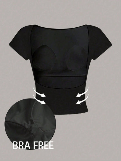 Women's Backless Padded Sexy Crop Top Slim Fit T-Shirt, Suitable For Summer, Built-In Bra