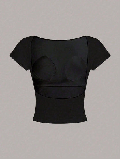 Women's Backless Padded Sexy Crop Top Slim Fit T-Shirt, Suitable For Summer, Built-In Bra