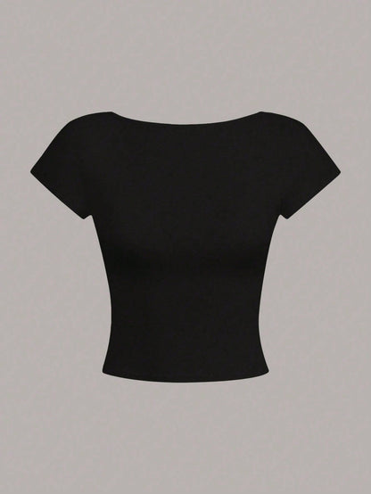 Women's Backless Padded Sexy Crop Top Slim Fit T-Shirt, Suitable For Summer, Built-In Bra