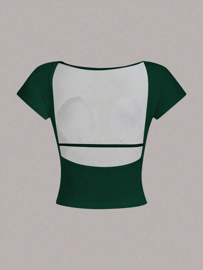Women's Backless Padded Sexy Crop Top Slim Fit T-Shirt, Suitable For Summer, Built-In Bra