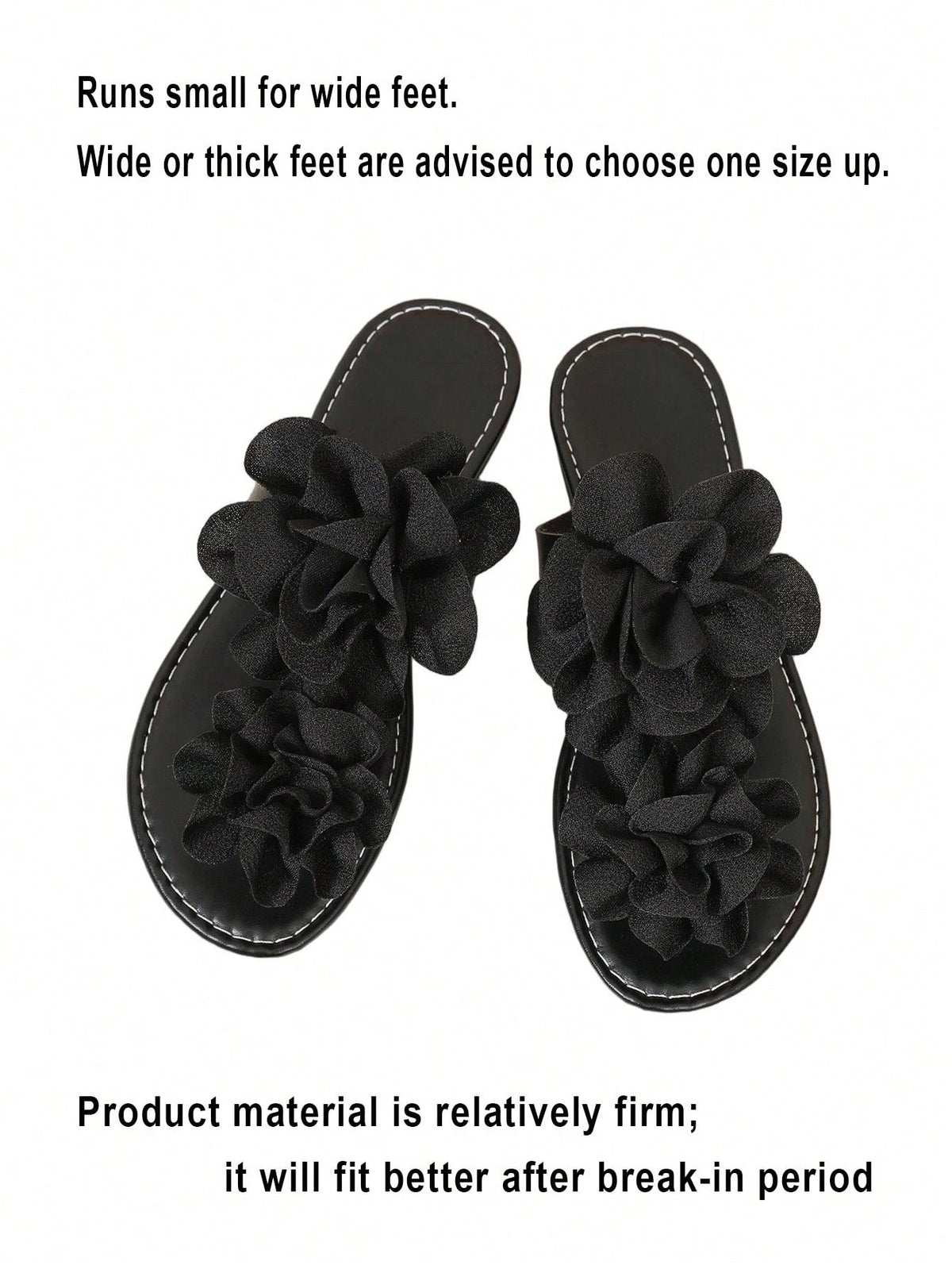 Women's Black 3D Flower Decor Thong Sandals, Summer Casual Vacation Beach Shoes, Narrow Fit, Wide Feet/High Instep Recommend Size Up