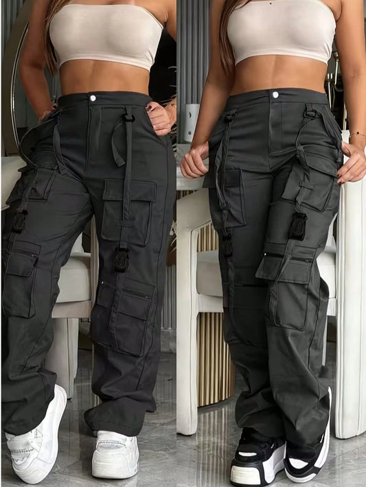 Women's Black Vintage Cargo Pants, Buckle Detail Multi-Pocket Straight Leg Wide Leg Trousers