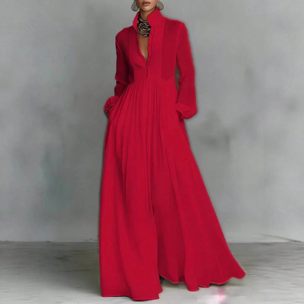 Women's Button-Down Maxi Shirt Dress, Long Sleeve Stand Collar Pleated Flowy Dress, Casual Elegant Outfit With Pockets