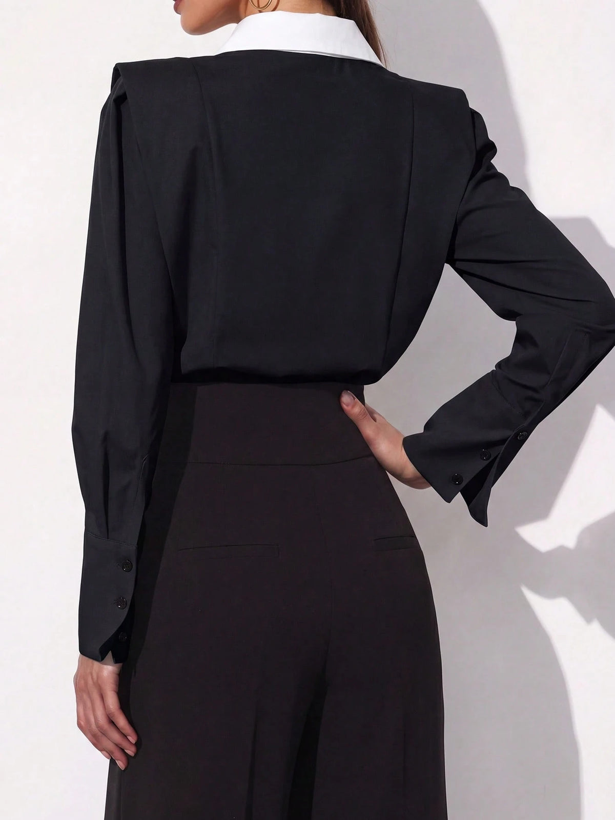 Women's Casual Color Block Lapel Long Sleeve Shirt, Elegant For Office And Everyday Wear, Suitable For All Seasons Black