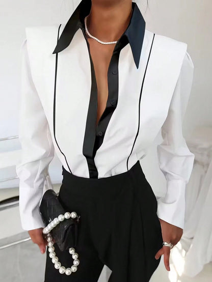 Women's Casual Color Block Lapel Long Sleeve Shirt, Elegant For Office And Everyday Wear, Suitable For All Seasons Black
