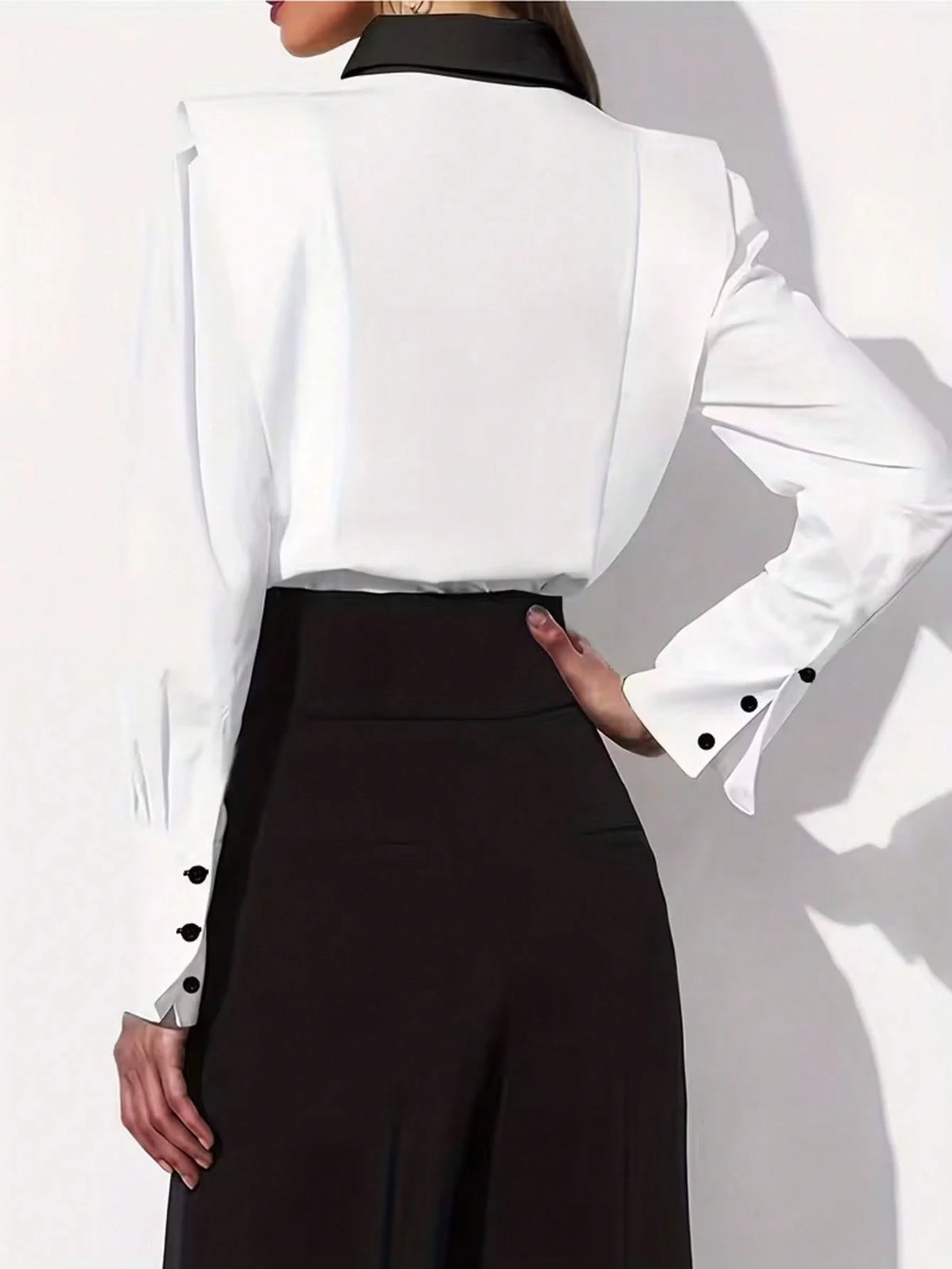 Women's Casual Color Block Lapel Long Sleeve Shirt, Elegant For Office And Everyday Wear, Suitable For All Seasons Black