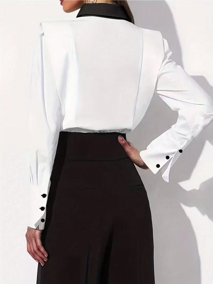 Women's Casual Color Block Lapel Long Sleeve Shirt, Elegant For Office And Everyday Wear, Suitable For All Seasons Black
