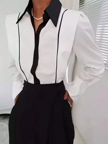 Women's Casual Color Block Lapel Long Sleeve Shirt, Elegant For Office And Everyday Wear, Suitable For All Seasons Black