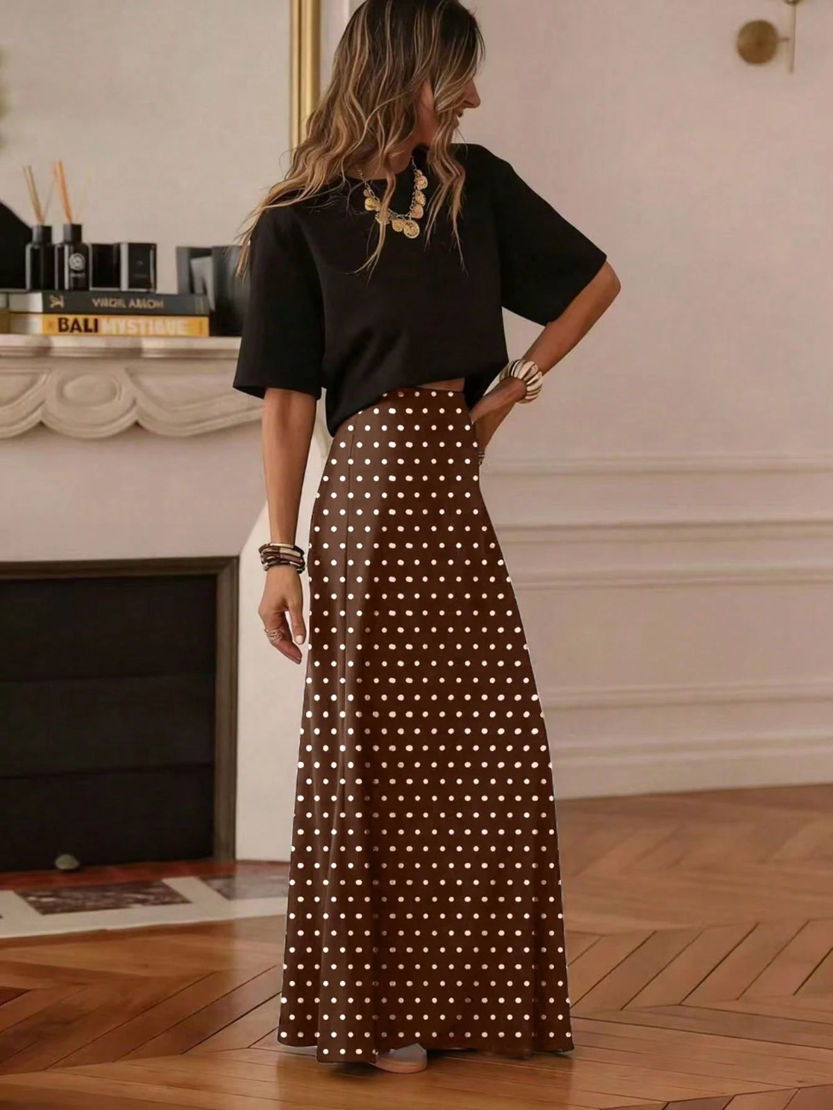 Women's Casual Polka Dot A-Line Maxi Skirt, Made Of Non-Stretch Woven Fabric, Suitable For Daily Wear, Summer Spring Brown