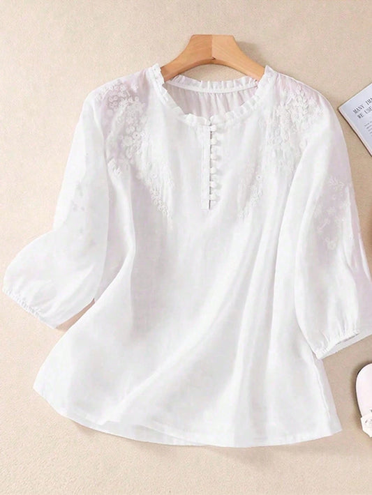 Women's Casual Shirt, Embroidered Loose Bohemian Retro Mid-Sleeve Blouse, Solid Color, Summer/Autumn White Spring