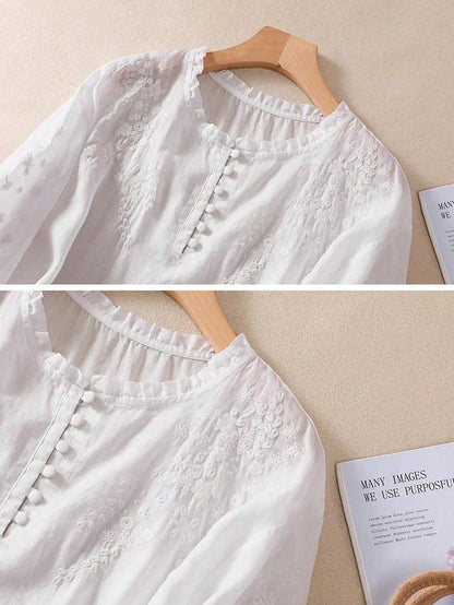 Women's Casual Shirt, Embroidered Loose Bohemian Retro Mid-Sleeve Blouse, Solid Color, Summer/Autumn White Spring