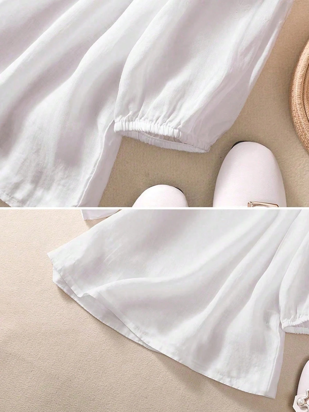 Women's Casual Shirt, Embroidered Loose Bohemian Retro Mid-Sleeve Blouse, Solid Color, Summer/Autumn White Spring