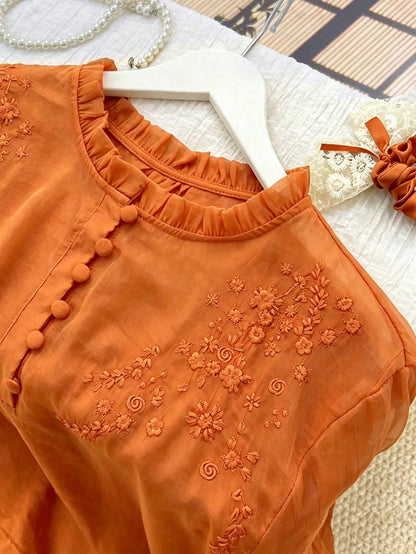 Women's Casual Shirt, Embroidered Loose Bohemian Retro Mid-Sleeve Blouse, Solid Color, Summer/Autumn White Spring