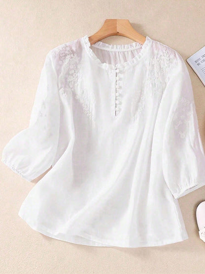 Women's Casual Shirt, Embroidered Loose Bohemian Retro Mid-Sleeve Blouse, Solid Color, Summer/Autumn White Spring