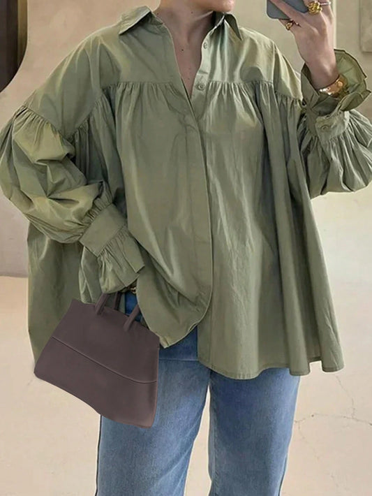 Women's Casual Shirt With Button Decorative Bell Sleeves, Solid Color Polyester Blouse Spring