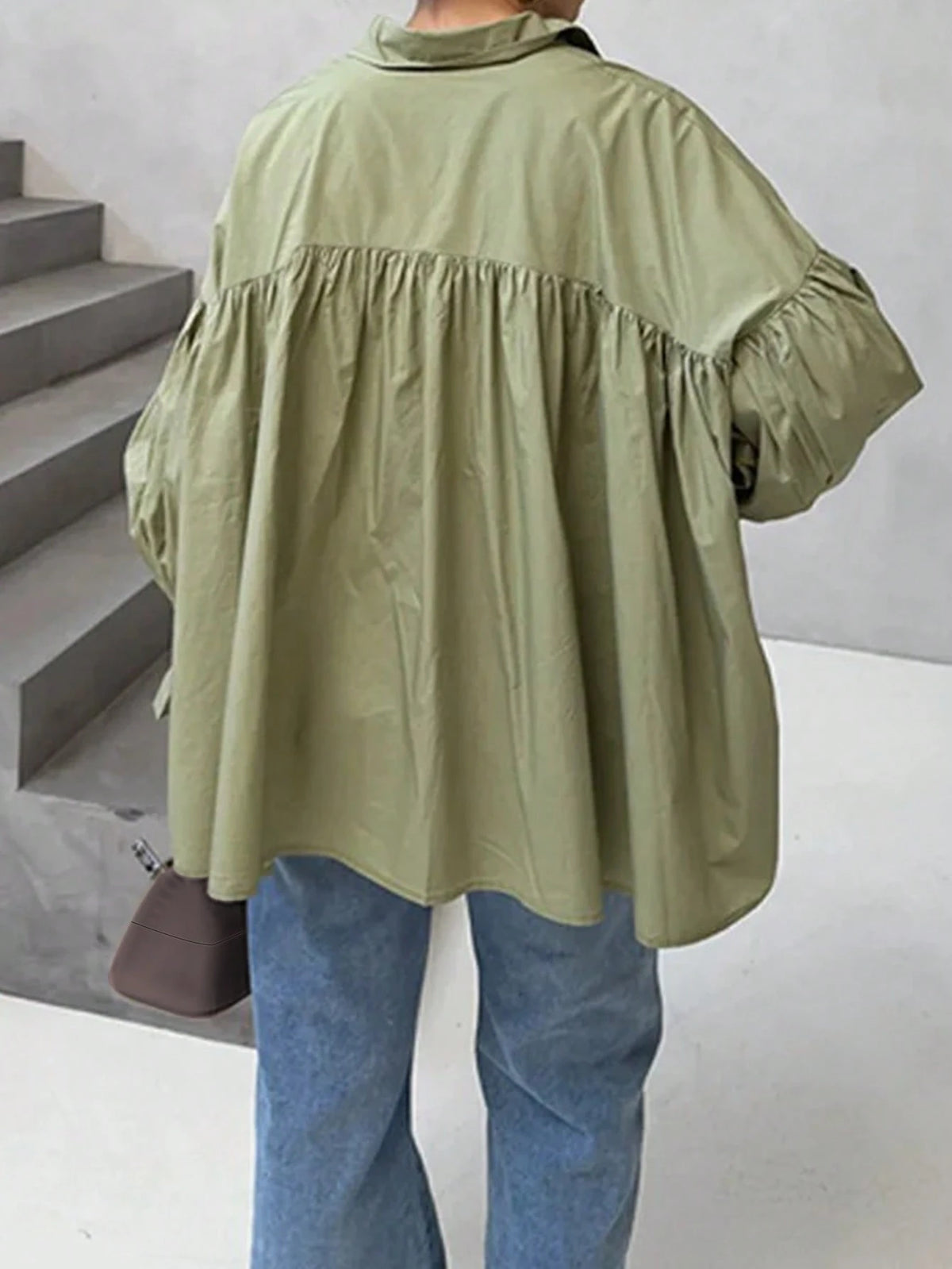 Women's Casual Shirt With Button Decorative Bell Sleeves, Solid Color Polyester Blouse Spring
