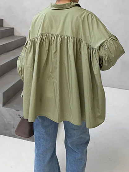 Women's Casual Shirt With Button Decorative Bell Sleeves, Solid Color Polyester Blouse Spring