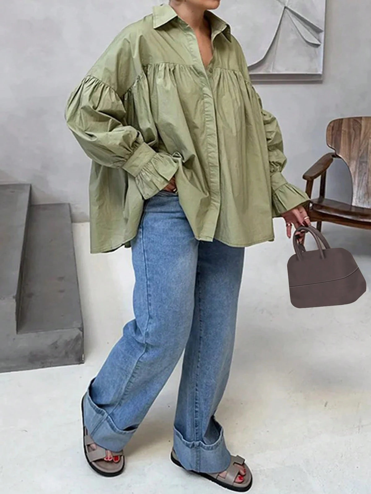 Women's Casual Shirt With Button Decorative Bell Sleeves, Solid Color Polyester Blouse Spring