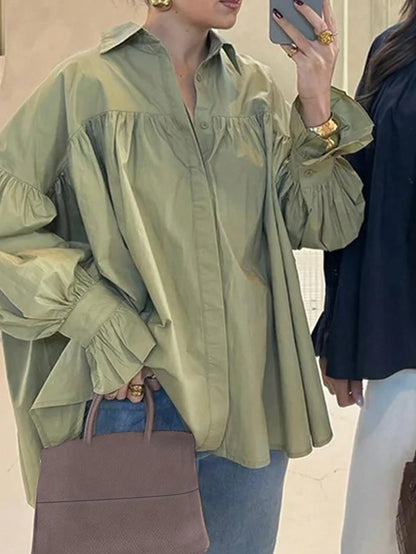 Women's Casual Shirt With Button Decorative Bell Sleeves, Solid Color Polyester Blouse Spring