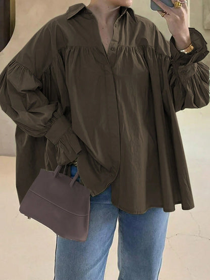 Women's Casual Shirt With Button Decorative Bell Sleeves, Solid Color Polyester Blouse Spring