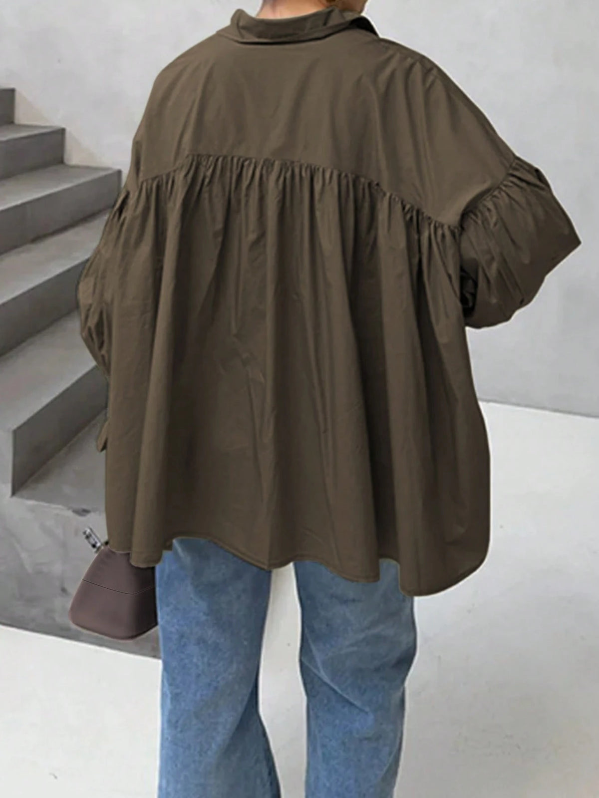 Women's Casual Shirt With Button Decorative Bell Sleeves, Solid Color Polyester Blouse Spring