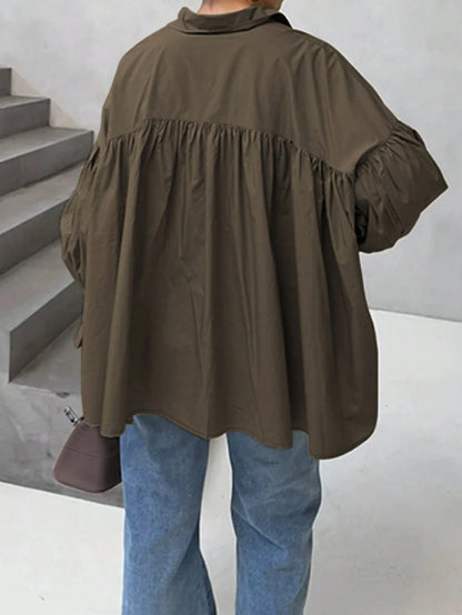 Women's Casual Shirt With Button Decorative Bell Sleeves, Solid Color Polyester Blouse Spring