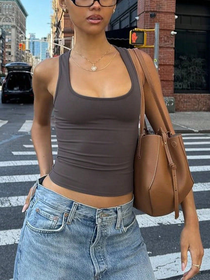 Women's Casual Solid Color Fitted Crop Top, Sexy Spaghetti Strap Midriff-Baring Streetwear For Daily & Holiday Wear, Spring/Summer