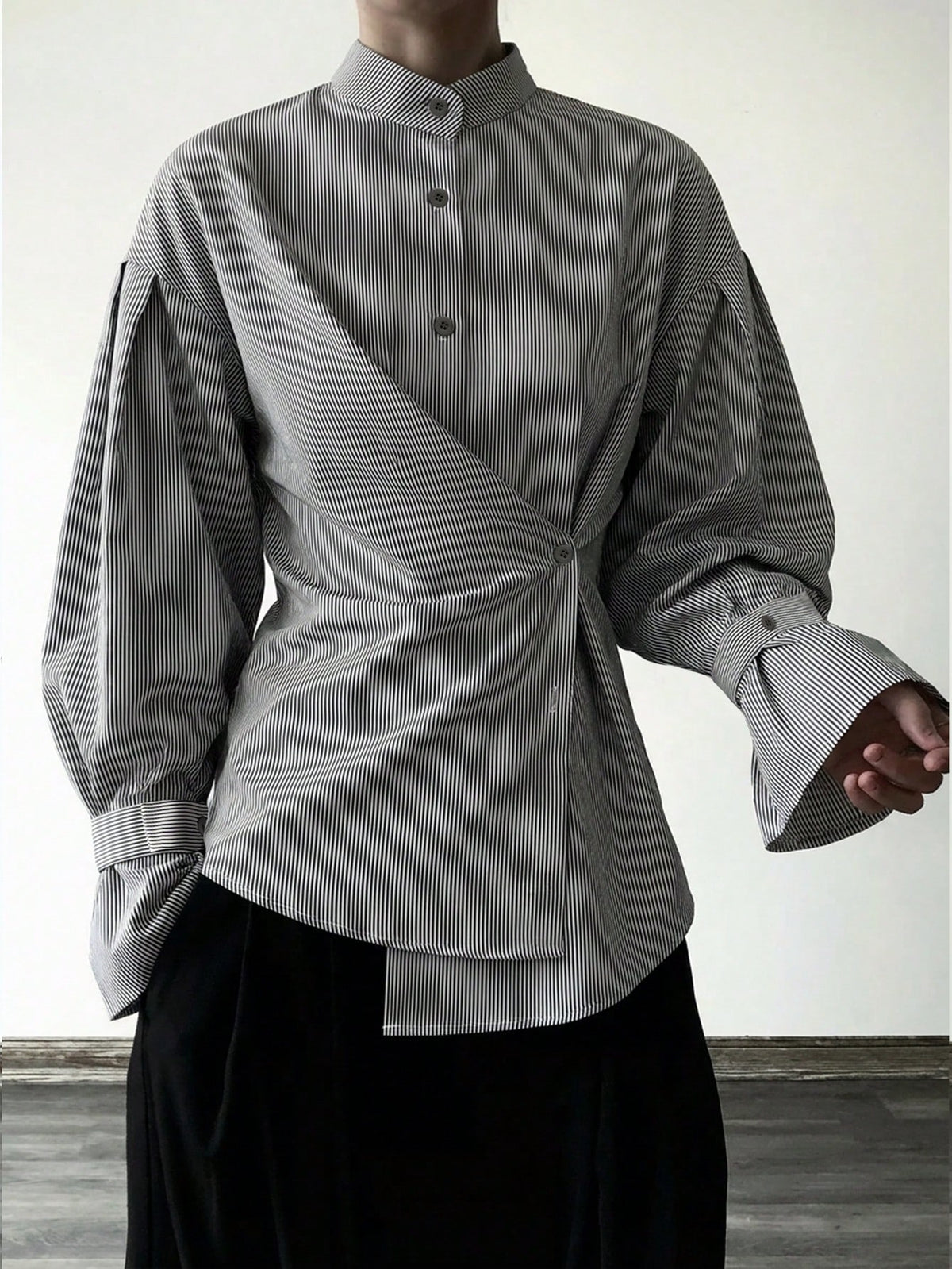 Women's Casual Striped Long Sleeve Shirt, Asymmetric Button Closure Waist Cinched Lapel Collar Long Sleeve Shirt, Woven Striped Fabric, Front Button Closure, Elegant For Office, Daily, Airport, Spring