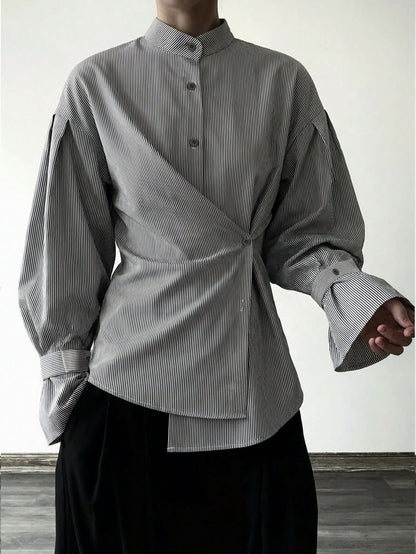 Women's Casual Striped Long Sleeve Shirt, Asymmetric Button Closure Waist Cinched Lapel Collar Long Sleeve Shirt, Woven Striped Fabric, Front Button Closure, Elegant For Office, Daily, Airport, Spring