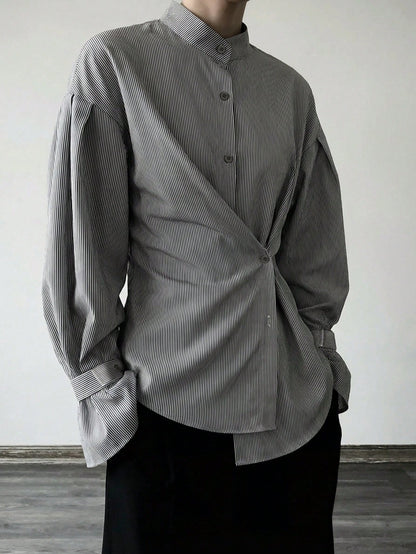Women's Casual Striped Long Sleeve Shirt, Asymmetric Button Closure Waist Cinched Lapel Collar Long Sleeve Shirt, Woven Striped Fabric, Front Button Closure, Elegant For Office, Daily, Airport, Spring