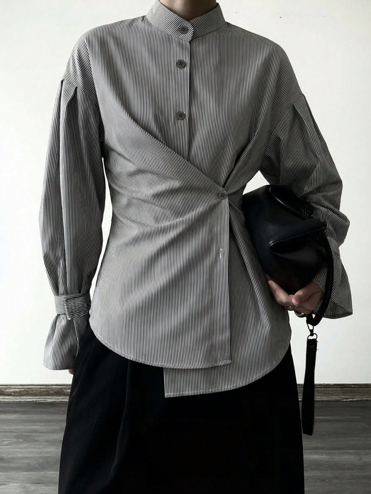 Women's Casual Striped Long Sleeve Shirt, Asymmetric Button Closure Waist Cinched Lapel Collar Long Sleeve Shirt, Woven Striped Fabric, Front Button Closure, Elegant For Office, Daily, Airport, Spring