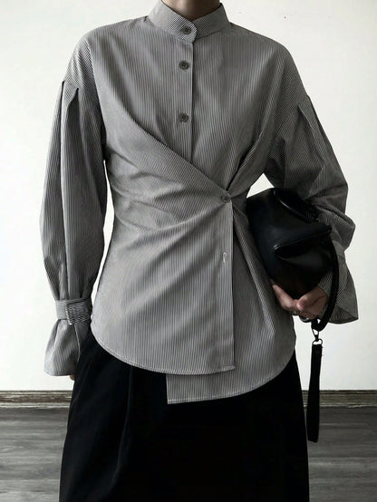 Women's Casual Striped Long Sleeve Shirt, Asymmetric Button Closure Waist Cinched Lapel Collar Long Sleeve Shirt, Woven Striped Fabric, Front Button Closure, Elegant For Office, Daily, Airport, Spring