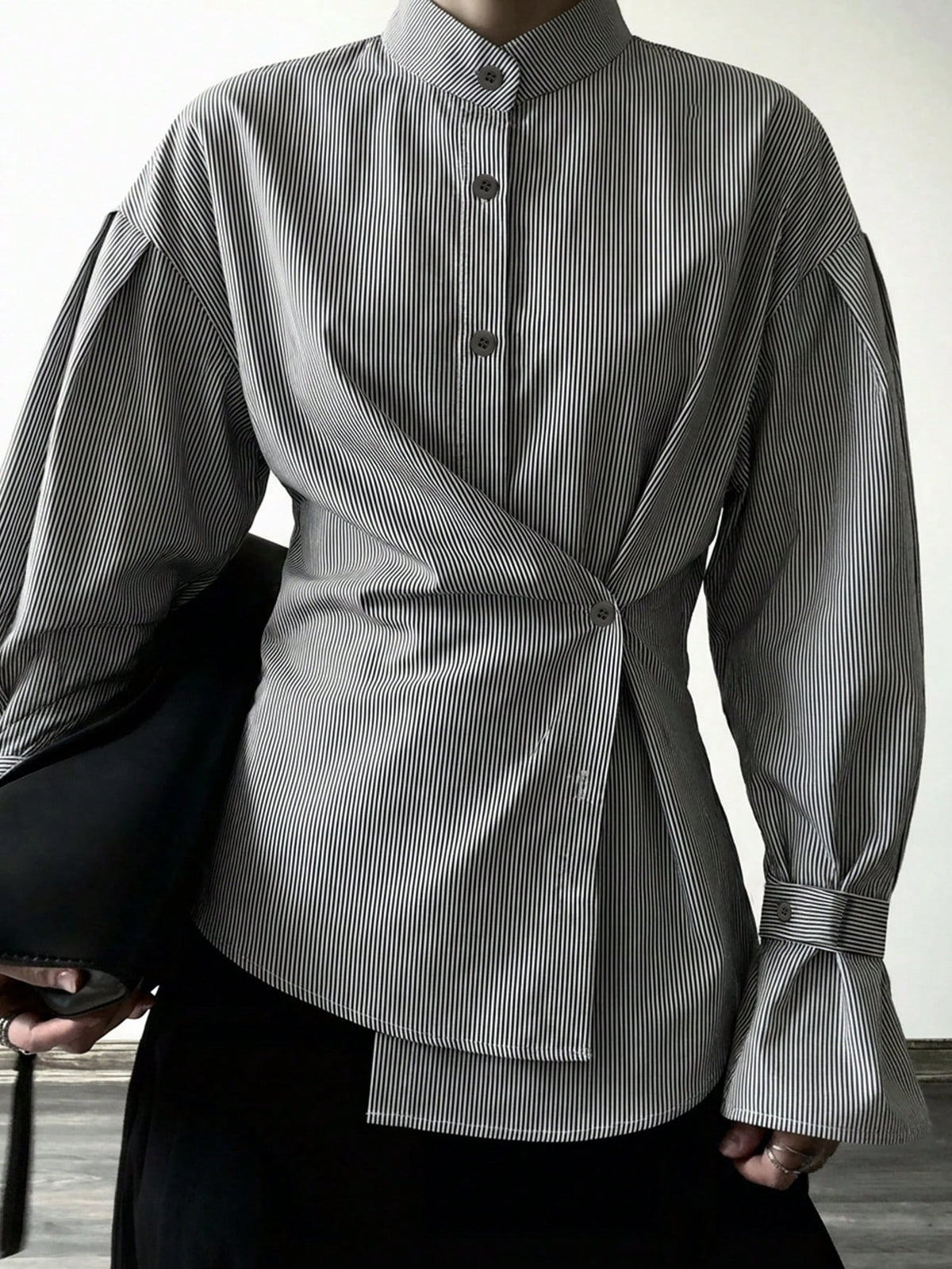 Women's Casual Striped Long Sleeve Shirt, Asymmetric Button Closure Waist Cinched Lapel Collar Long Sleeve Shirt, Woven Striped Fabric, Front Button Closure, Elegant For Office, Daily, Airport, Spring