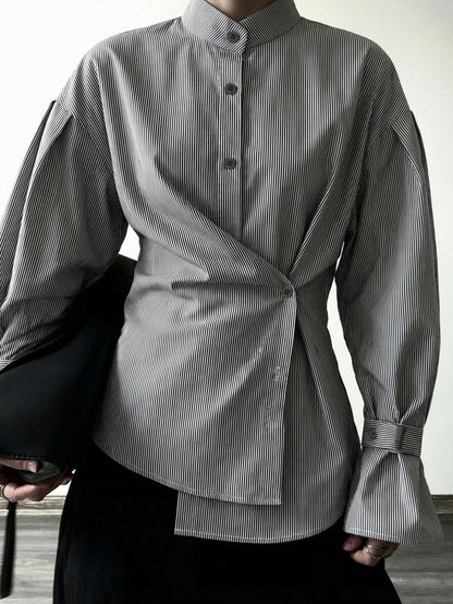 Women's Casual Striped Long Sleeve Shirt, Asymmetric Button Closure Waist Cinched Lapel Collar Long Sleeve Shirt, Woven Striped Fabric, Front Button Closure, Elegant For Office, Daily, Airport, Spring