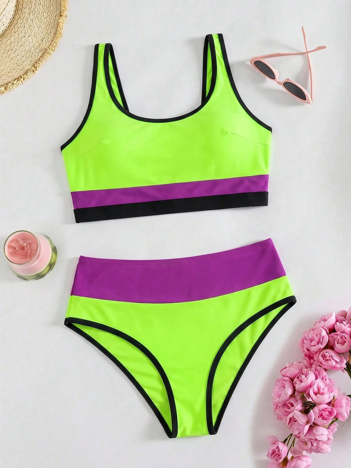 Women's Contrast Trim High Waist Two Pieces Swimsuit, Round Neck Backless Swimwear, Casual Two Pieces Swimsuit