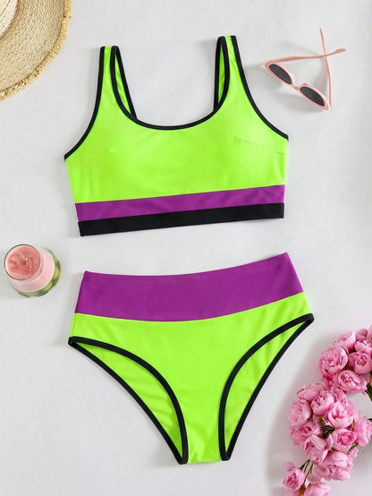 Women's Contrast Trim High Waist Two Pieces Swimsuit, Round Neck Backless Swimwear, Casual Two Pieces Swimsuit