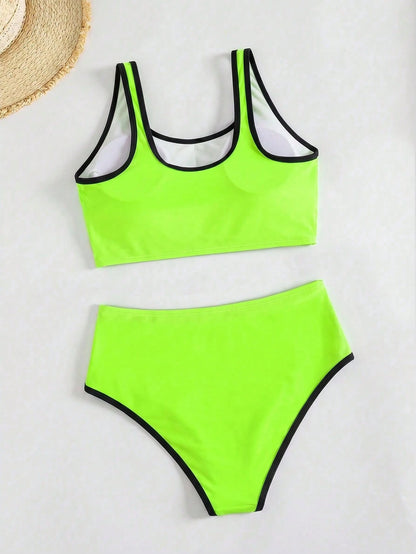 Women's Contrast Trim High Waist Two Pieces Swimsuit, Round Neck Backless Swimwear, Casual Two Pieces Swimsuit