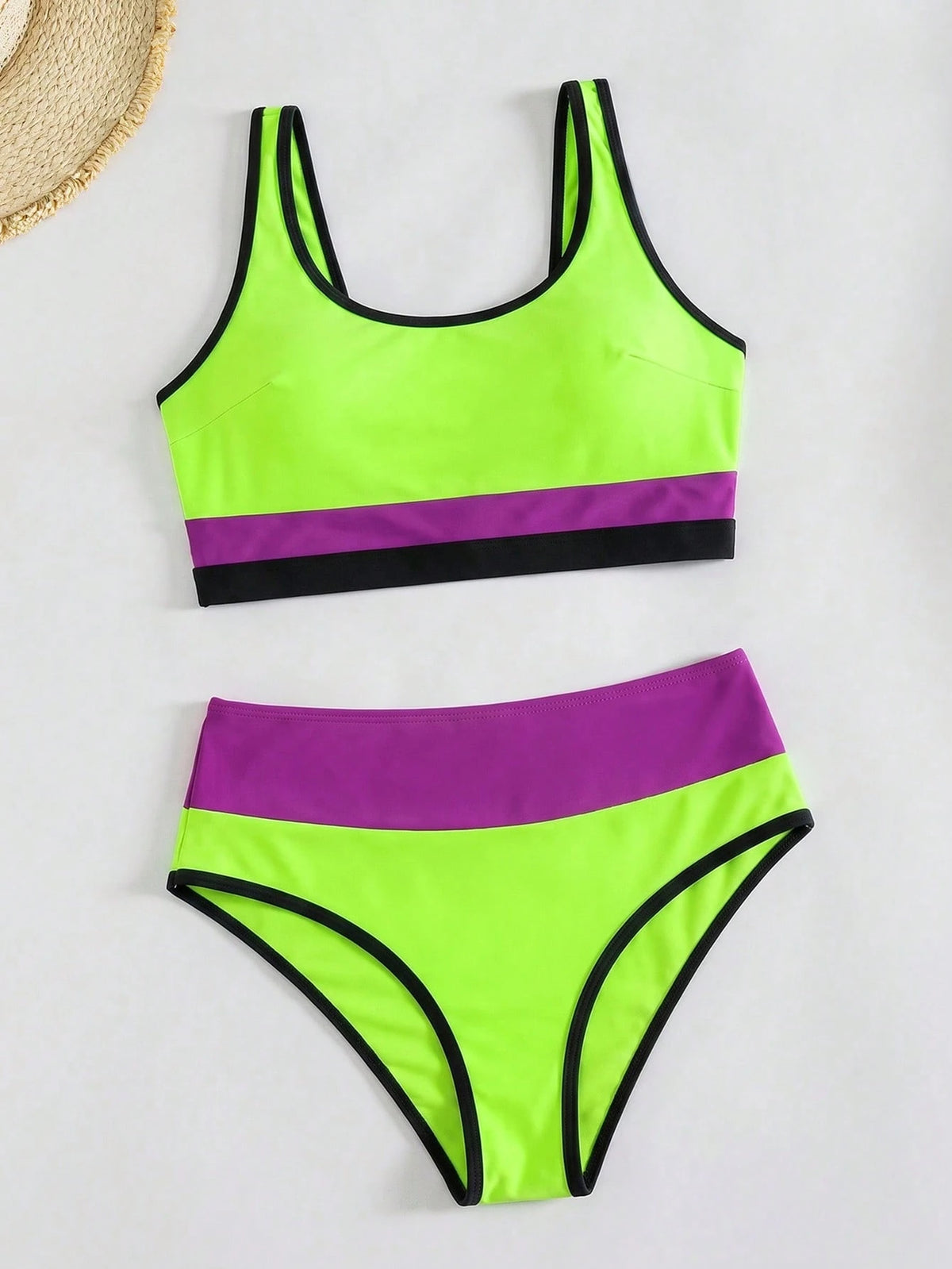 Women's Contrast Trim High Waist Two Pieces Swimsuit, Round Neck Backless Swimwear, Casual Two Pieces Swimsuit