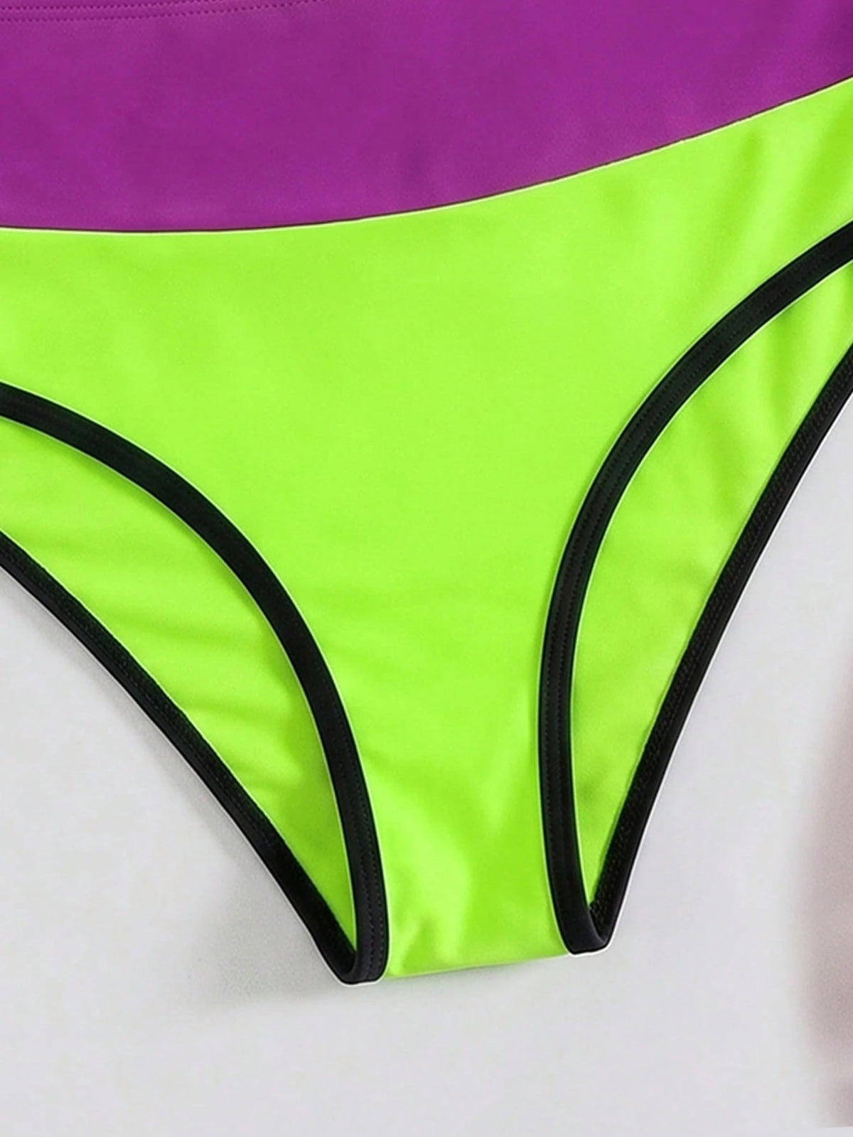 Women's Contrast Trim High Waist Two Pieces Swimsuit, Round Neck Backless Swimwear, Casual Two Pieces Swimsuit