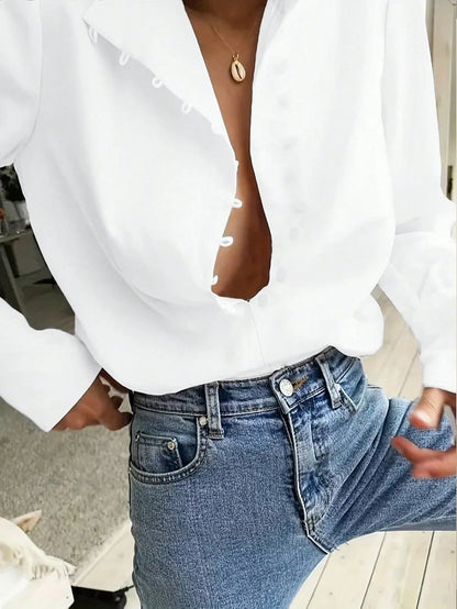 Women's Elegant Lightweight Asymmetric Open Top, Casual Long Sleeve Top, Single-Breasted Front, Asymmetric Hem, Spring/Summer White