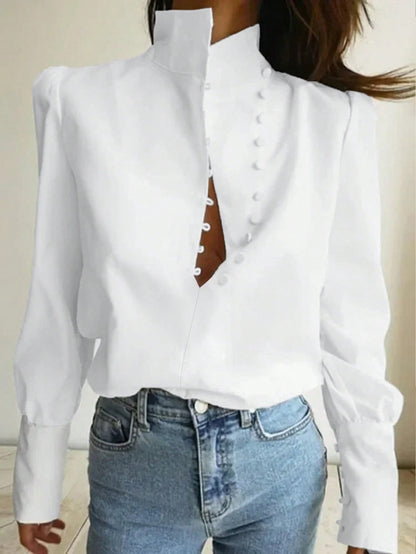 Women's Elegant Lightweight Asymmetric Open Top, Casual Long Sleeve Top, Single-Breasted Front, Asymmetric Hem, Spring/Summer White